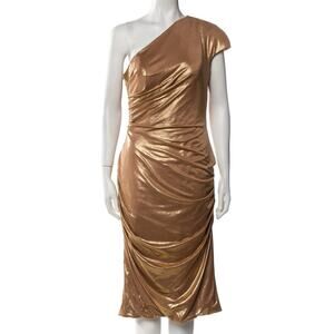 Rene Gold Lame Dress One Shoulder Asymmetrical Ruched Party Midi Sheath 12 NWT L